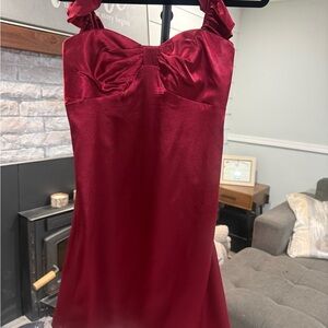 Satin Mini Slip prom Dress in Deep Red with Ruched Bust